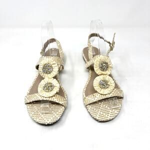 [Charter Club] Tan Cream Zooey Woven Raffia T-Strap Floral Slingback Sandals 8